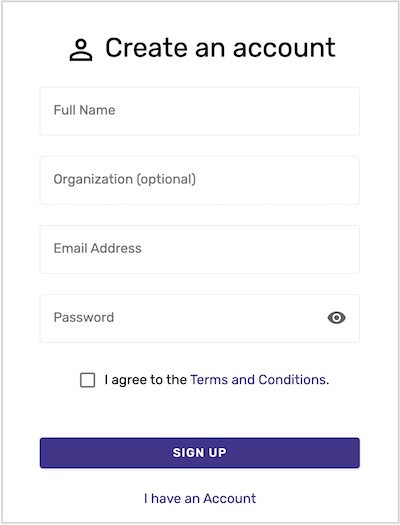 A screenshot of the InfinyOn new account form, with Name, Organization, Email, and Password fields