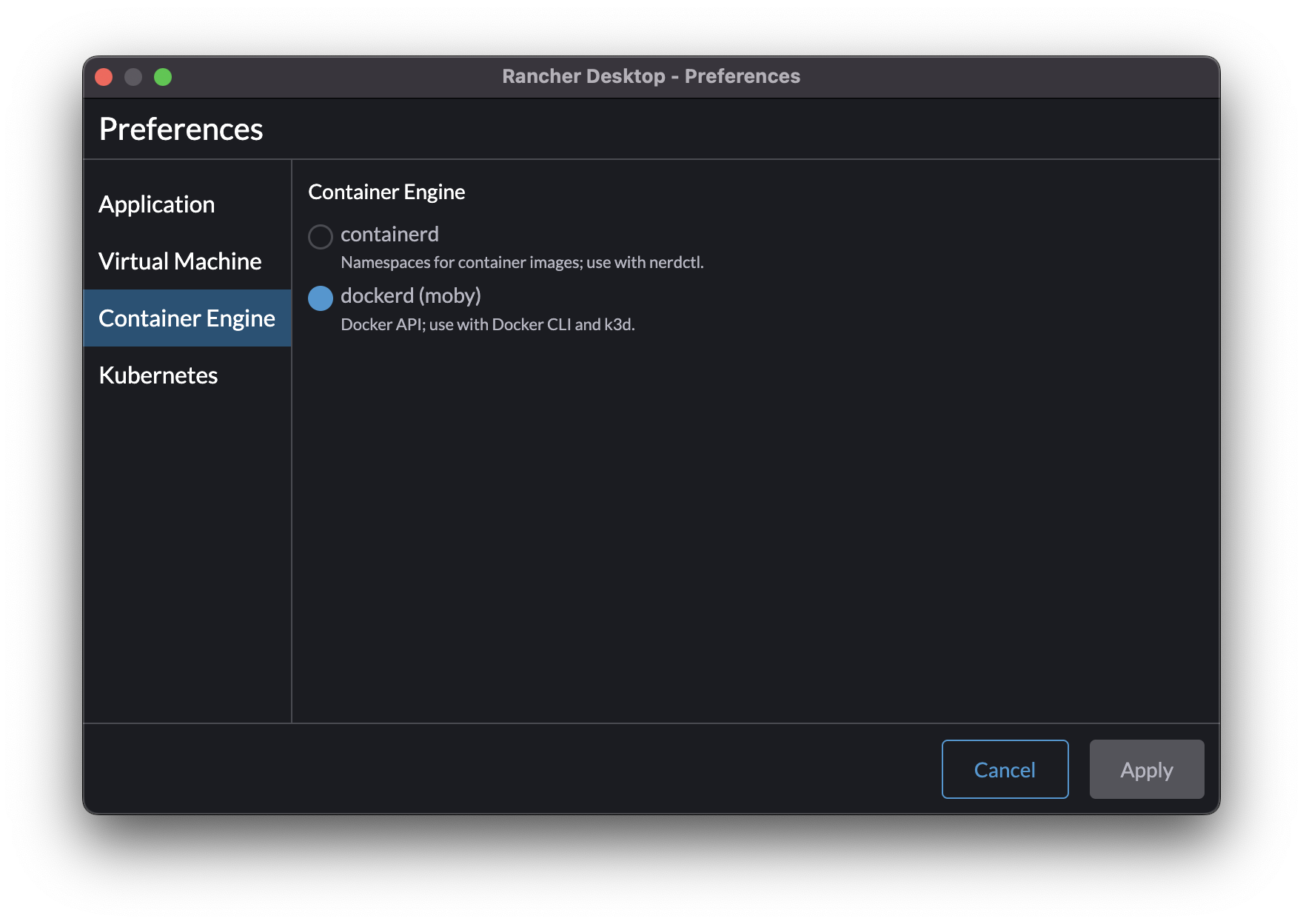 A screenshot of the Rancher Desktop using dockerd as container runtime