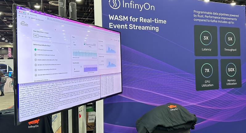 A photo of the InfinyOn booth. A screen with the InfinyOn Cloud dashboard displayed in front of an InfinyOn branded purple background